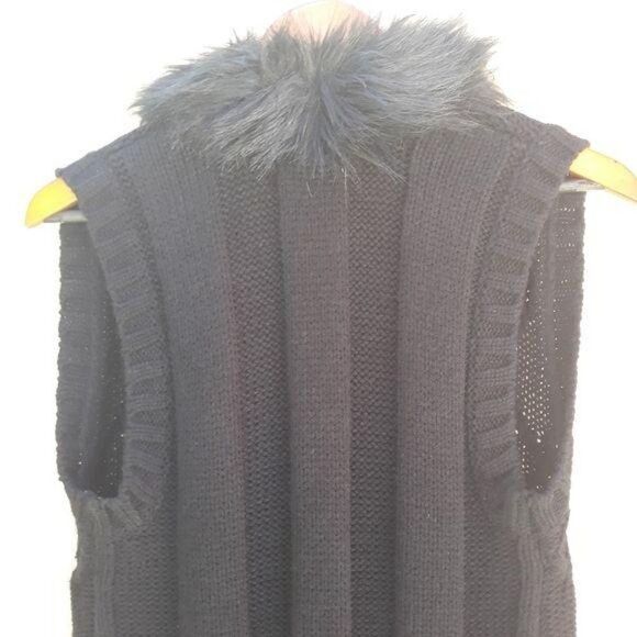 Style & Co Wool Thick Cable Knit Faux Fur Trim Open Cardigan Tunic Black Sz XS - Picture 6 of 8